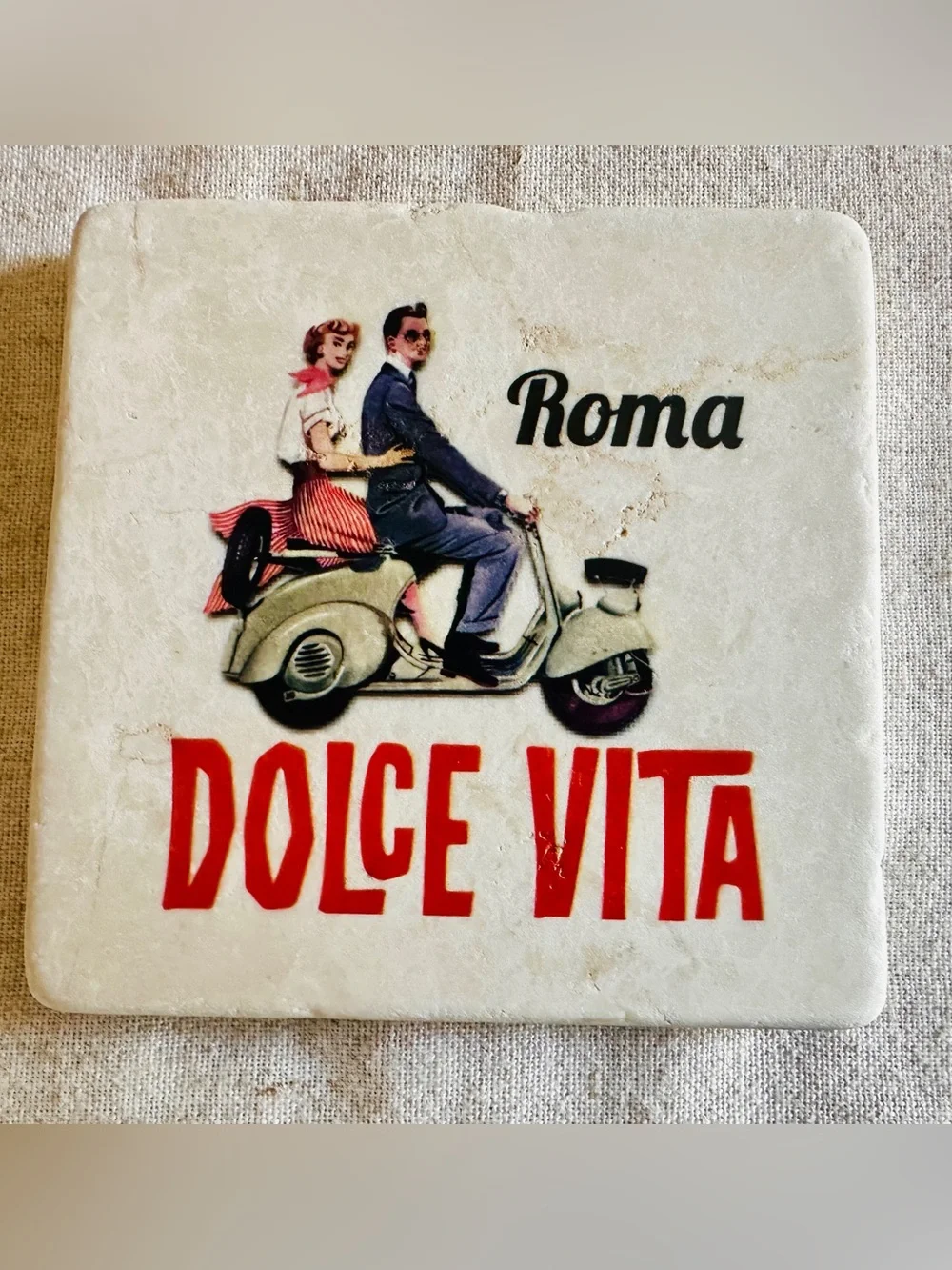 Roma Dolce Vita Travertine Stone Tile Coaster Vintage Italian Scooter Italy